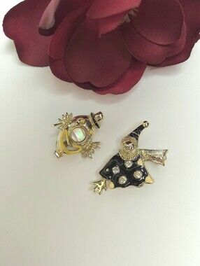 2 Vintage Clown Brooches Volupte Mother of Pearl Nose Clown & Crystal Polka Dots